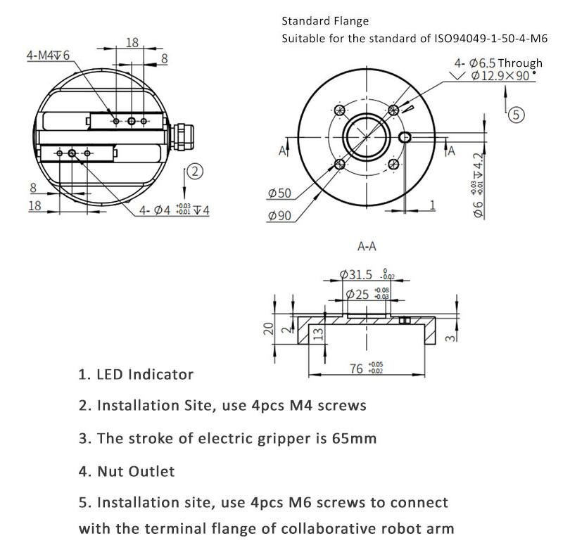 Kipimo cha gripper ya umeme 65mm